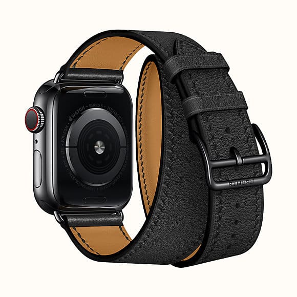 HERMÈS NOIR SWIFT LEATHER SERIES 5 DOUBLE TOUR 40MM APPLE WATCH SPACE BLACK