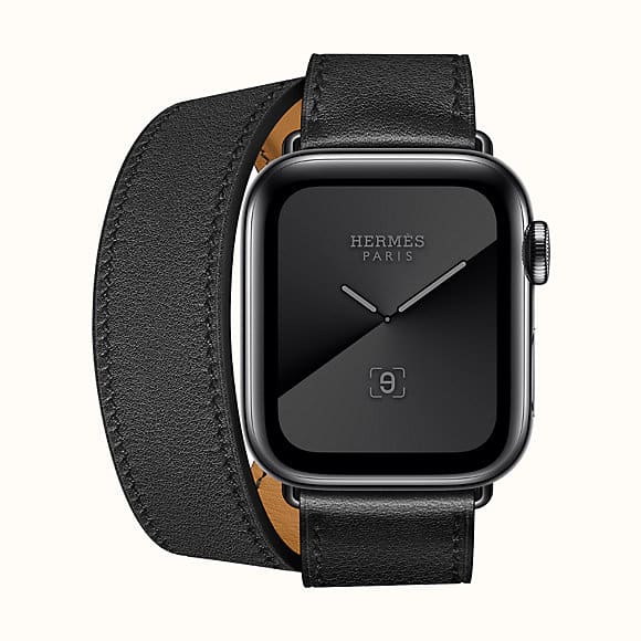 HERMÈS NOIR SWIFT LEATHER SERIES 5 DOUBLE TOUR 40MM APPLE WATCH SPACE BLACK